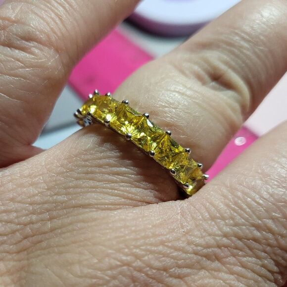 Princess Cut Yellow Sapphire Sterling Silver Eternity Band Ring - Picture 2 of 4